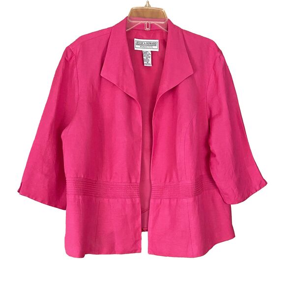 Jessica Howard Open Front Lightweight Jacket Size 22 Petite Hot Pink Linen Blend - Picture 1 of 3